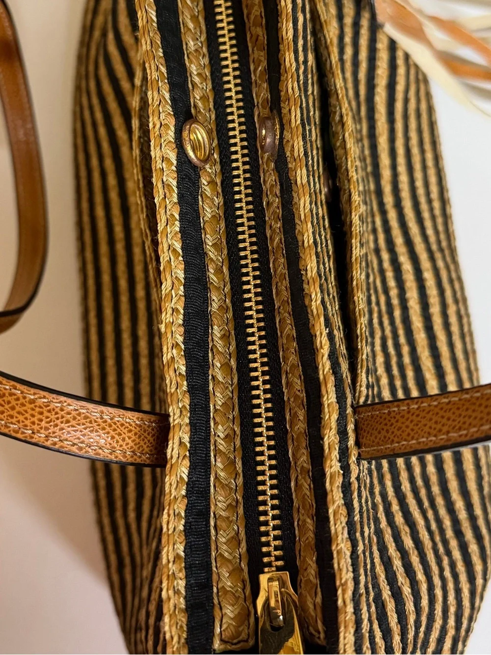 Eric Javitś Striped Natural Straw Tote Bag with Tan Trim